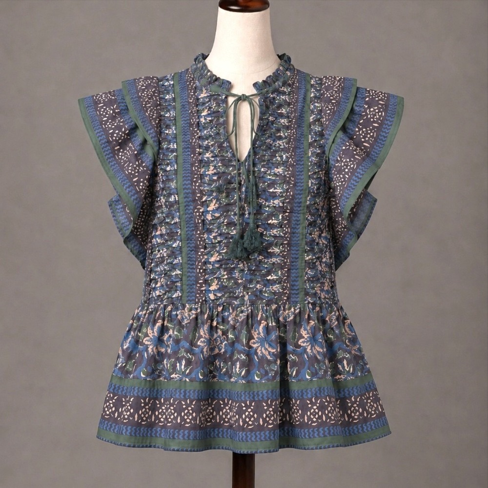 Sea New York Blue Floral Ruffle Tie-Front Blouse